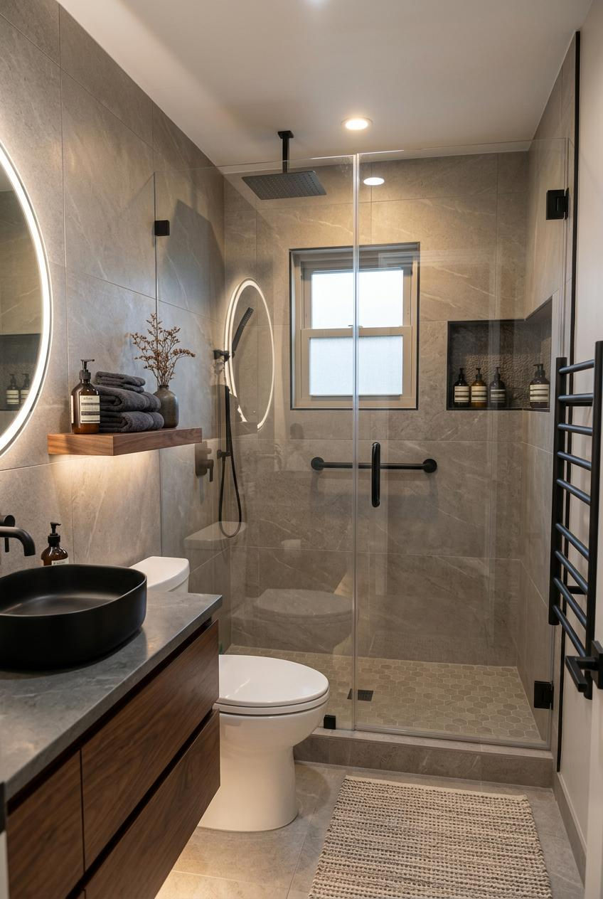 Modern bathroom with circular mirror and glass shower.
