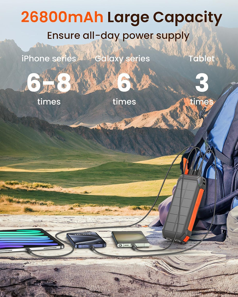 Thumbnail: Bilivein Solar Power Bank 26800mAh Solar Charger 15W Fast Charging USB C Solar P