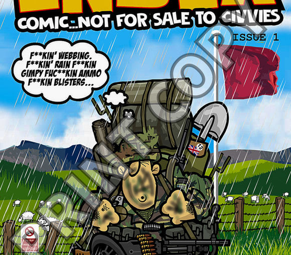 Cartoon-style comic cover featuring a grinning Regimental Sergeant Major saluting with exaggerated eyebrows, surrounded by speech bubbles filled with military slang.