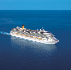 A white cruise ship sails on a vast blue sea under clear skies. The ship features multiple decks, a "C" logo, and "COSTA SERENA" text.