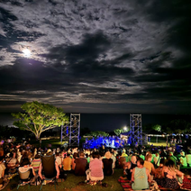 Audience gathered outdoors at night for a concert by the sea, under a cloudy, moonlit sky. Blue stage lights illuminate performers.