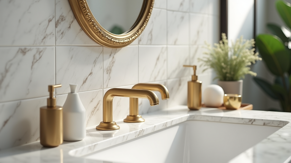 Close-up view of elegant marble tiles and brushed gold fixtures in a bathroom