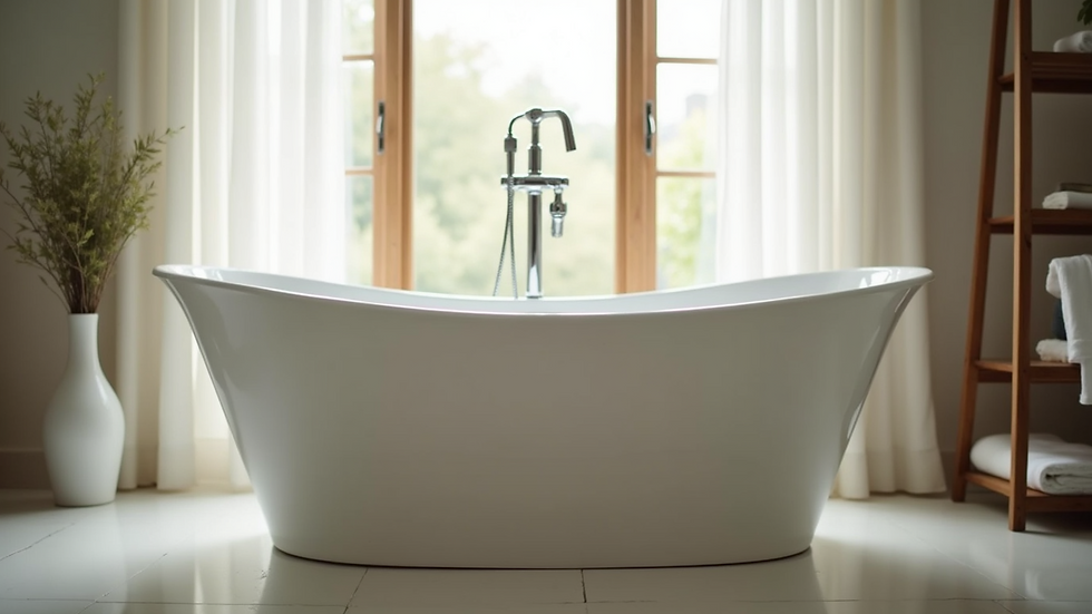 Close-up of a freestanding bathtub with natural light from a window
