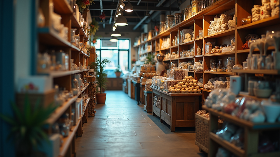 Eye-level view of a small shop with a variety of products