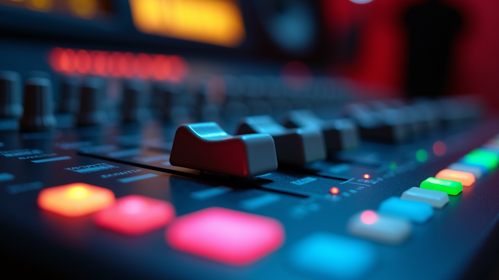 Close-up view of a mixing console with colorful sound sliders