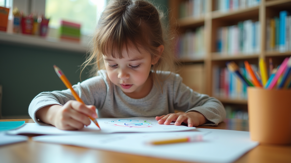 Eye-level view of a child studying with colorful learning materials
