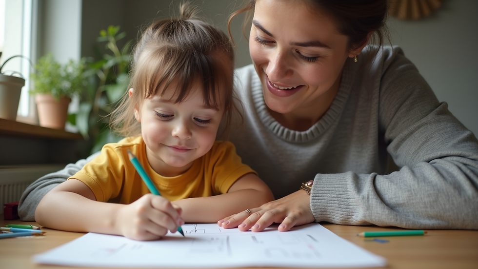 Close-up view of a parent and child working together on a homeschooling project