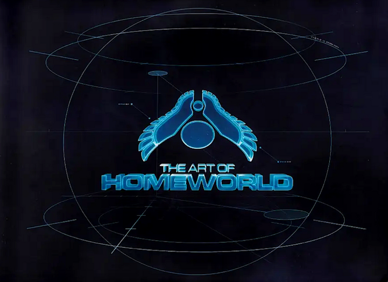 English book cover of 'THE ART OF HOMEWORLD' by Aaron Kambeitz and Rob Cunningham. The cover is a black, spacelike background with futuristic grid maps and the Homeworld logo in the centre.