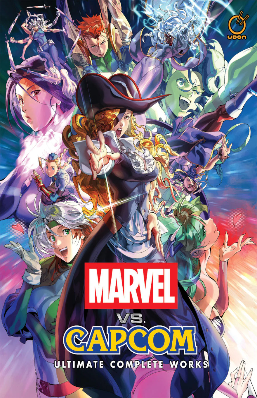 Colorful and action-packed cover for Marvel vs. Capcom: Ultimate Complete Works, featuring dynamic illustrations of female fighters from both universes, including characters like Morrigan, Cammy, Rogue, and She-Hulk in anime-style art. The bold Marvel and Capcom logos are centered, with energy bursts and dramatic poses emphasizing the crossover battle theme.