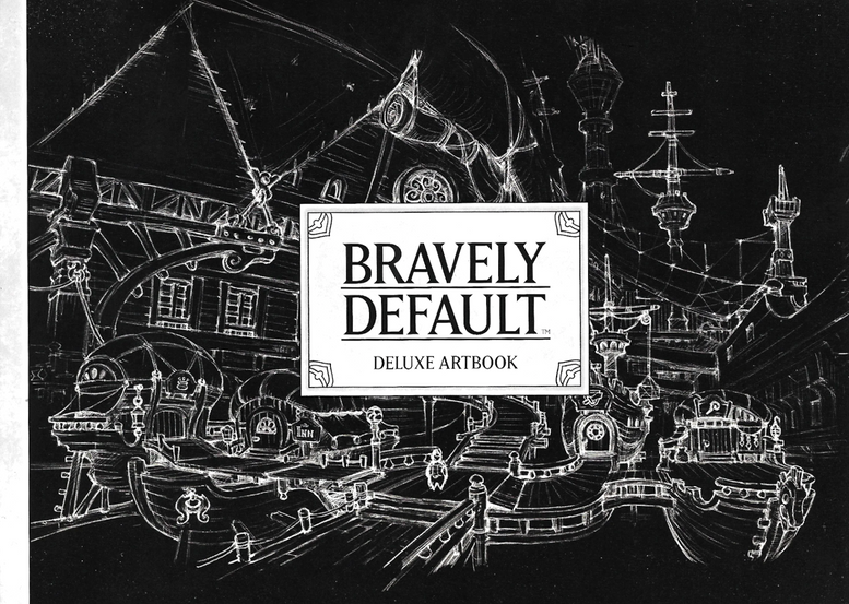 Cover of the Bravely Default Deluxe Artbook, featuring a monochrome, hand-drawn line sketch of a fantasy harbor town with airships and intricate buildings. The title appears in a white box centered on the cover, framed by elegant corners and a classic serif font.