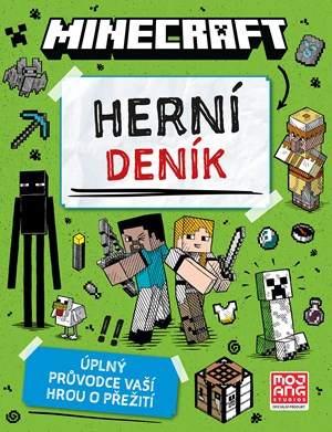 Book cover for Minecraft: Herní deník, with a similar green illustrated layout showing Steve and Alex, plus Minecraft mobs, items, and a crafting table, presented as a survival guide-style journal.
