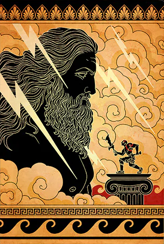 Stylized mythological illustration showing a giant profile of Zeus-like bearded figure facing a small armored Kratos-like warrior standing on a column. The artwork uses a black, gold, and orange Greek pottery-inspired style with clouds, lightning, decorative borders, and classical motifs.