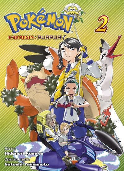German cover of Pokémon Scarlet & Violet manga volume 3 featuring a bold group of characters and Pokémon. At the center, the main girl holds a fishing rod with a smiling Wattrel-like Pokémon hanging from the line; around her are various characters including a boy and girl riding a futuristic purple motorcycle Pokémon (Miraidon), a giant crab-like Klawf, and the elegant bird Pokémon Farigiraf. The background is a gradient of green and yellow with the title and credits: "Story: Hidenori Kusaka, Art: Satoshi Yamamoto."