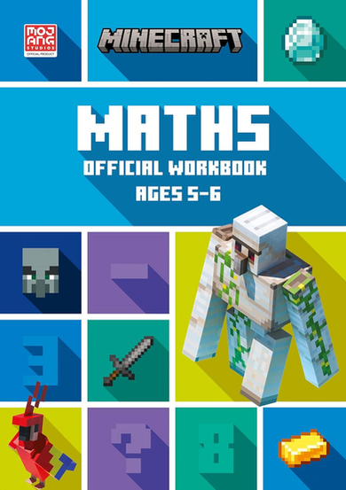 The cover features a bright, blocky design in the signature Minecraft visual style, with a teal-blue background divided into a grid of colorful square panels. At the top are the Mojang Studios logo, the bold “MINECRAFT” title in its iconic pixelated font, and a diamond icon. Centered prominently is large white text reading “MATHS OFFICIAL WORKBOOK AGES 5–6,” casting a long shadow for a modern, flat-design effect. Surrounding the text are various Minecraft-themed icons and characters within the grid, including a villager head, a sword, numbers, a question mark, a gold ingot, and a red parrot. On the right side stands a large iron golem rendered in Minecraft’s blocky 3D style, slightly angled as if stepping forward. The overall composition is playful and educational, combining vibrant colors, geometric layout, and recognizable game elements to appeal to young learners.