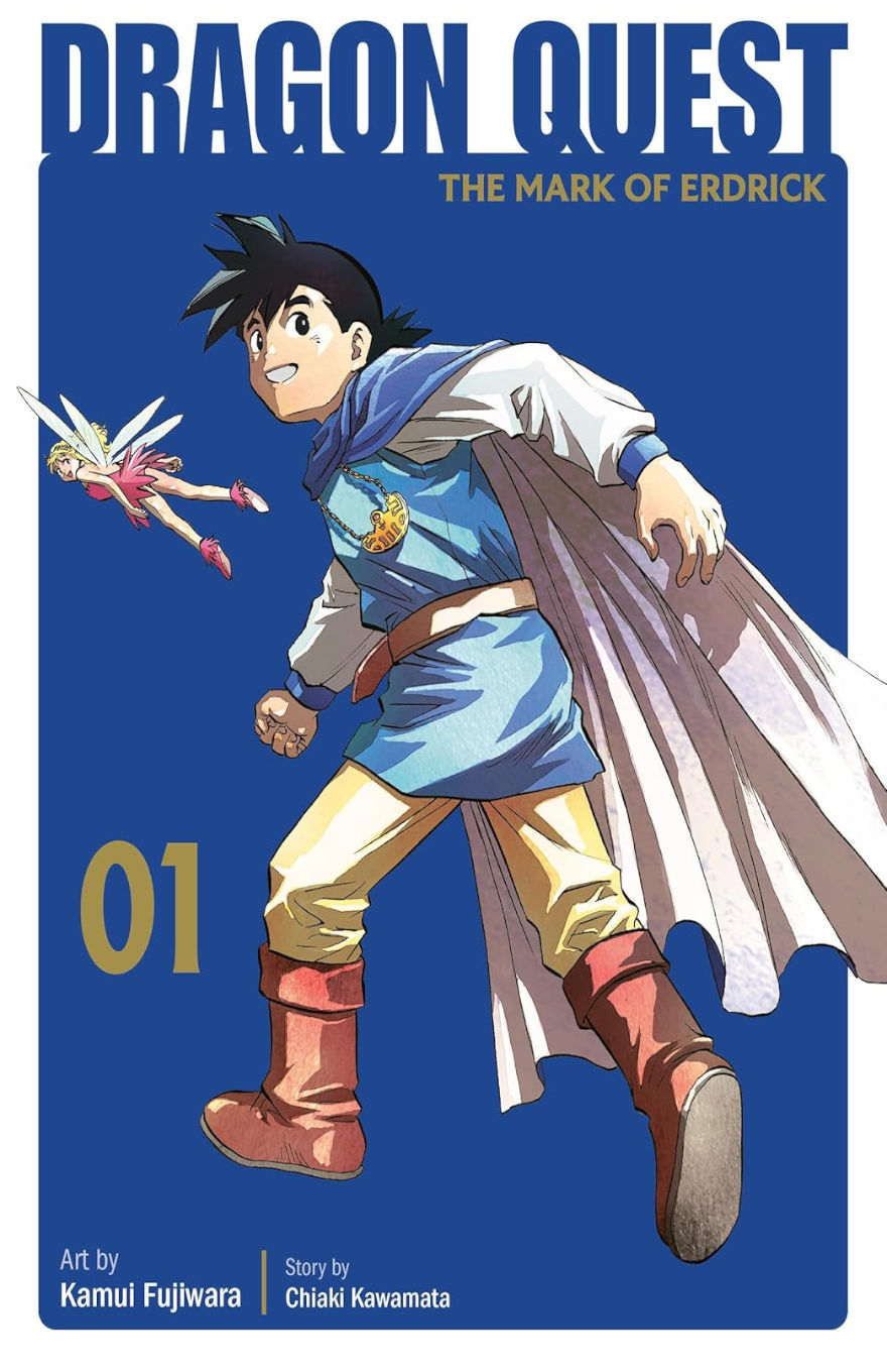 Cover of Dragon Quest: The Mark of Erdrick volume 1 featuring a smiling young hero in a blue tunic, red boots, and a flowing white cape, holding a determined pose. A small pink-winged fairy companion hovers nearby against a deep blue background, with gold and white title text above.