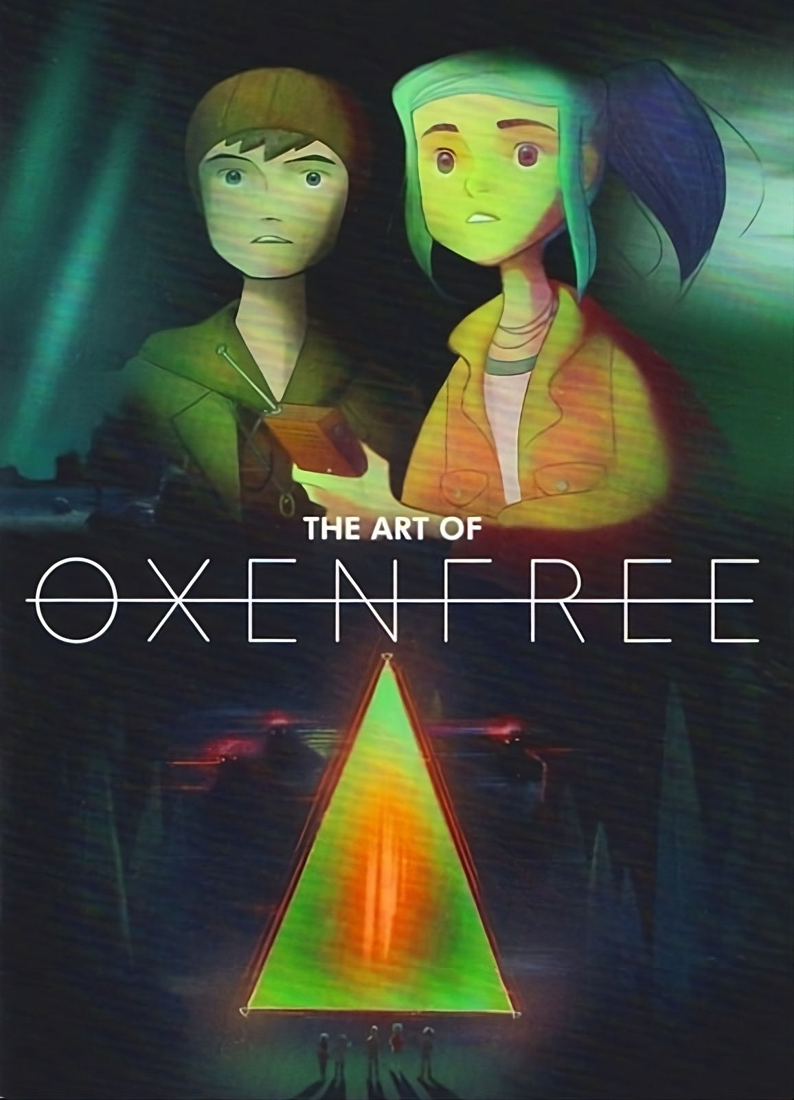 Cover of The Art of Oxenfree, featuring main characters Alex and Jonas in a stylized, eerie illustration with a VHS-like distortion effect. Below them is a glowing green triangle emitting mysterious energy, with shadowy figures standing at its base, evoking the game’s supernatural themes.