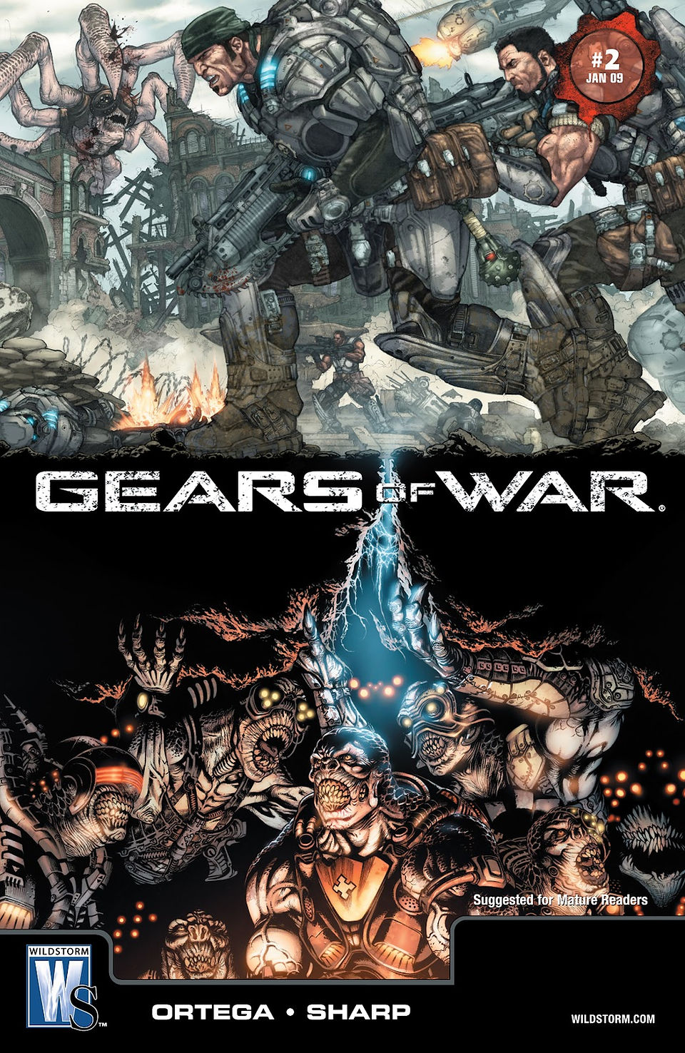 Cover of Gears of War Issue #2 by WildStorm, released January 2009, split into two panels—top half shows armored soldiers in a ruined city battling monstrous creatures, with one leaping down from above. The bottom half depicts snarling Locust enemies reaching toward a crackling blue light, showcasing the brutal conflict between humanity and the monstrous horde.
