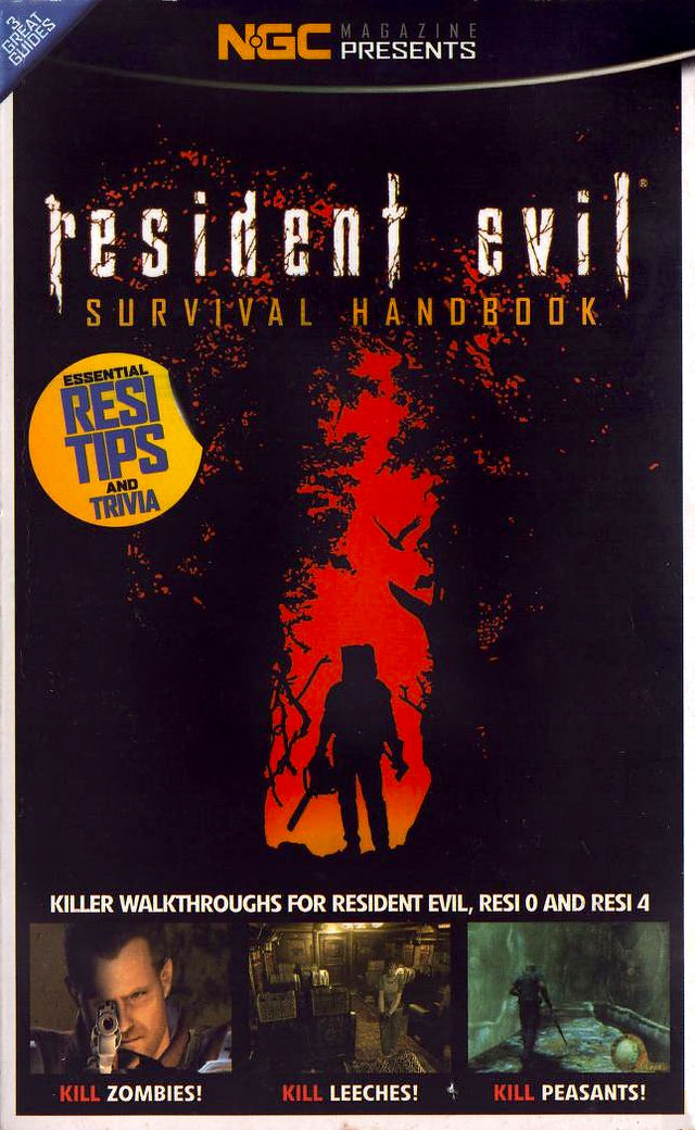 Cover of Resident Evil: Survival Handbook by NGC Magazine. The black background features a blood-red silhouette of a character holding a gun, standing in a forest with bats flying overhead. A yellow badge on the left highlights “Essential RESI TIPS and TRIVIA.” Along the bottom, three gameplay images promote walkthroughs for Resident Evil, Resident Evil Zero, and Resident Evil 4, with bold captions: “KILL ZOMBIES!”, “KILL LEECHES!”, and “KILL PEASANTS!”.