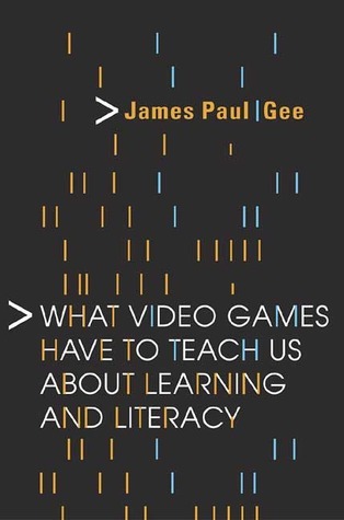 Minimalist cover for What Video Games Have to Teach Us About Learning and Literacy by James Paul Gee, with white and orange text on a dark background. Stylized vertical bars and angled arrows give the design a code-like, digital feel.