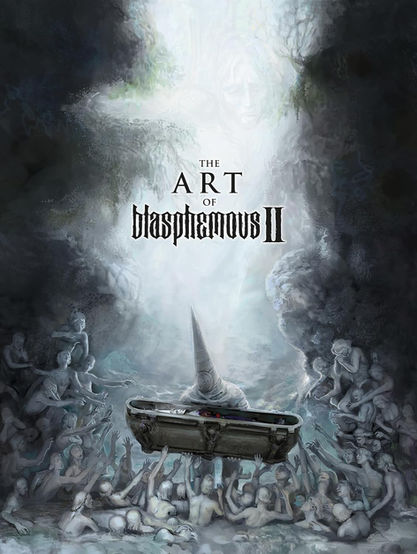 The image is the cover of "The Art of Blasphemous II," which suggests it is an art book related to the second installment of the video game titled "Blasphemous." The illustration on the cover is quite detailed and evocative, featuring a central figure lying inside a coffin with a long, pointed headdress or helmet, which is a distinguishing feature of the protagonist in the game. The coffin is being lifted and worshipped by a multitude of nude figures, which creates an eerie and otherworldly atmosphere. The background is misty and dark, with hints of a cave or a rocky landscape, suggesting a setting that is both mystical and foreboding. At the very top, a faint image of a face can be seen, adding to the ethereal quality of the artwork. The title is written in a gothic font, which complements the dark and somber tone of the illustration. The overall design of the cover art conveys a sense of the macabre and the sacred, themes that are prevalent in the "Blasphemous" game series, known for its religious iconography and dark fantasy elements. This art book likely contains concept art, character designs, and other visual materials that showcase the artistic direction and creative process behind the game.