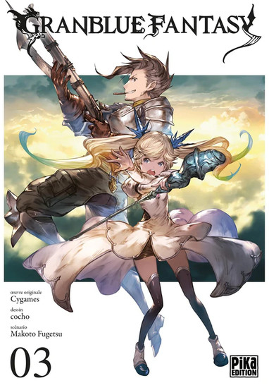 The image is the French cover of the third volume of the manga series titled "Granblue Fantasy." It features two characters in a dynamic pose: Rackam, a male character with a confident expression wielding a rifle with a blade attached, and Io, a staff-wielding female character in front of him, seemingly in motion, with a look of determination on her face.  The title "Granblue Fantasy" is prominently displayed at the top, with the volume number "03" indicating that this is the third installment of the series. The design continues the stylistic choices made in the previous volumes, with elegant lettering and a focus on the characters from the series.  The cover also indicates that the original story is by Cygames, a company known for its video games, suggesting that the manga may be based on or linked to a video game with the same name. The art is credited to "cocho," and the "conte" or story composition is by "makoto fugetsu."  The artwork on the cover, with its vibrant colors and action-oriented depiction of the characters, is designed to attract fans of the fantasy genre and those who may be familiar with the "Granblue Fantasy" game or other related media. The cover art showcases the adventure and excitement that readers can expect to find within the pages of the manga.
