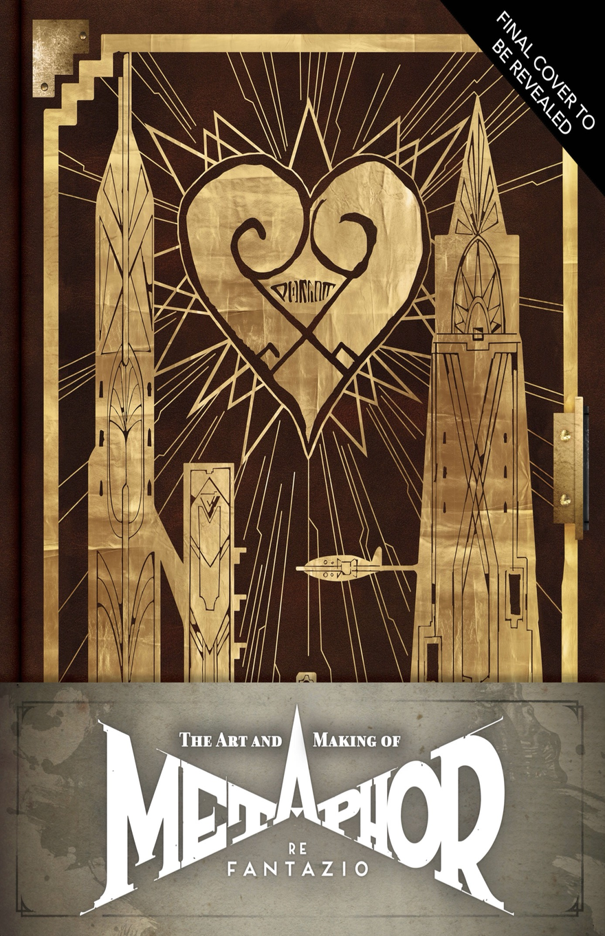 Art book cover titled “The Art and Making of Metaphor ReFantazio,” with an ornate brown-and-gold design resembling an embossed fantasy tome. The upper section shows a metallic gold line-art illustration on a dark brown cover: two tall architectural spires flank a central heart-shaped emblem with radiating angular lines, and small decorative structures and a tiny airship-like shape appear within the geometric composition. A black diagonal corner banner in the upper right reads “Final cover to be revealed.” The bottom third is a gray stone-textured title panel with decorative border corners and large white stylized “Metaphor” lettering, with “ReFantazio” beneath it. The overall cover has a premium fantasy art-book feel, combining gilded Art Deco-inspired linework, bookbinding details, and dramatic title typography.
