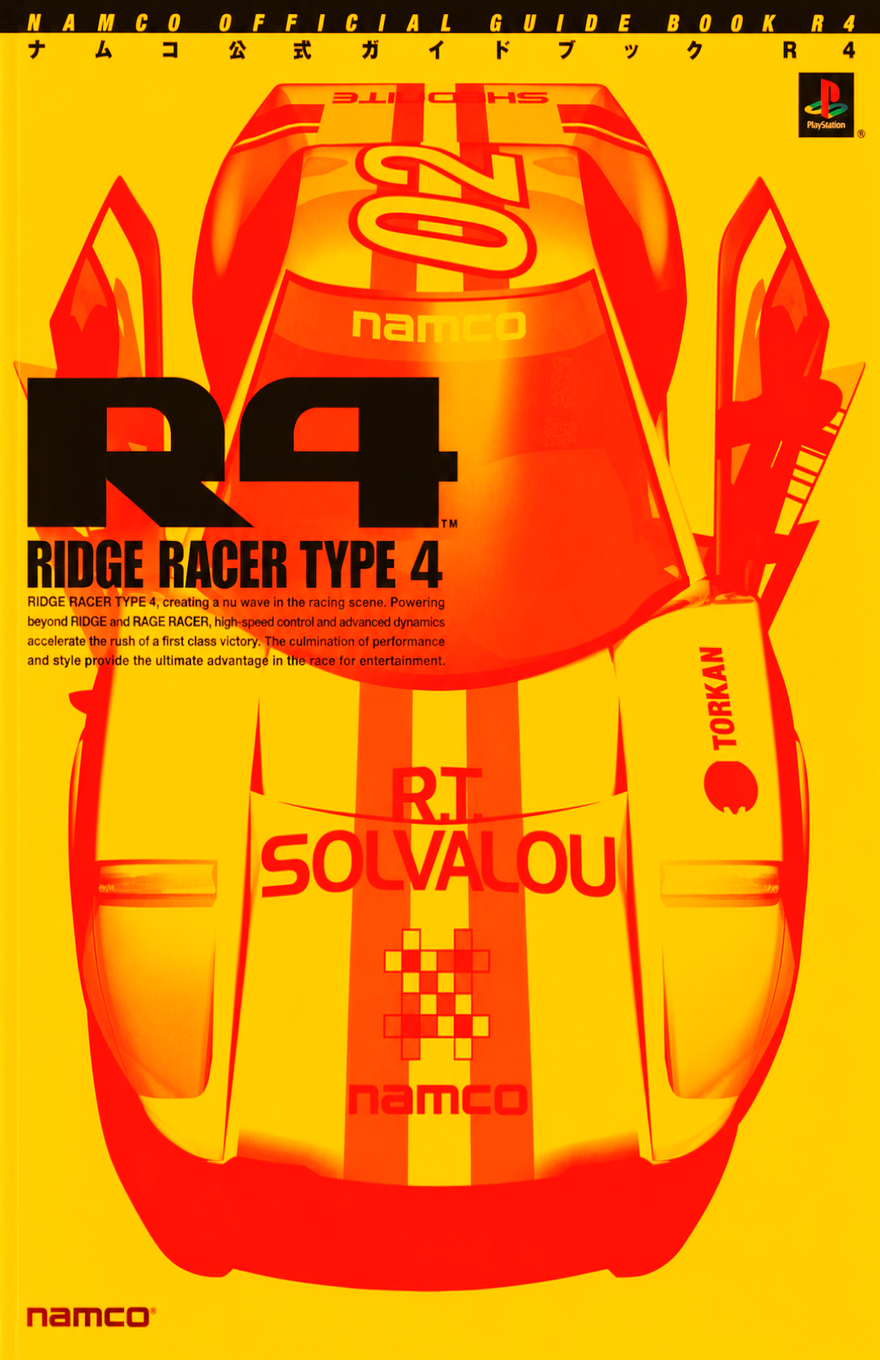 Bright yellow and orange Namco official guidebook cover for “R4 Ridge Racer Type 4,” with a top-down view of a red-orange racing car filling most of the page. A narrow black strip across the top reads “NAMCO OFFICIAL GUIDE BOOK R4,” with Japanese text beneath it and a PlayStation logo in the upper right. The large black “R4” logo appears over the left side of the car, followed by “RIDGE RACER TYPE 4” and a short English description about high-speed control, dynamics, performance, and style. The car body shows “RT SOLVALOU,” “namco,” “PAC Racing,” and “TORKAN” markings, with strong red shadows and glowing yellow highlights creating a fast, graphic racing aesthetic. The Namco logo appears in red at the bottom left.