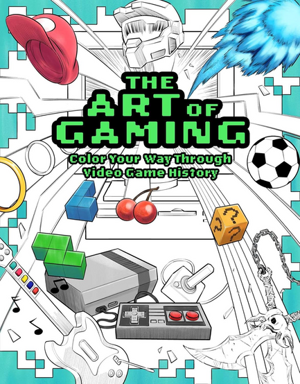 A coloring-book style cover titled “The Art of Gaming: Color Your Way Through Video Game History,” with a turquoise border and mostly black-and-white line art accented by bright green title text and a few colored gaming objects. The central title reads “THE ART OF GAMING” in large pixelated green letters with thick black outlines, and the subtitle below says “Color Your Way Through Video Game History.” The background is a dynamic burst of video game imagery, including a retro game controller with red buttons, a gray console, a joystick, a guitar controller, a soccer ball, cherries, green Tetris-like blocks, a yellow question-mark cube, a blue feather, a red cap, a golden ring, a skull-like fantasy figure, a chain whip, musical notes, and a futuristic helmet. The design combines detailed comic-style line work with scattered blocks and motion lines, creating an energetic invitation to color through gaming history.