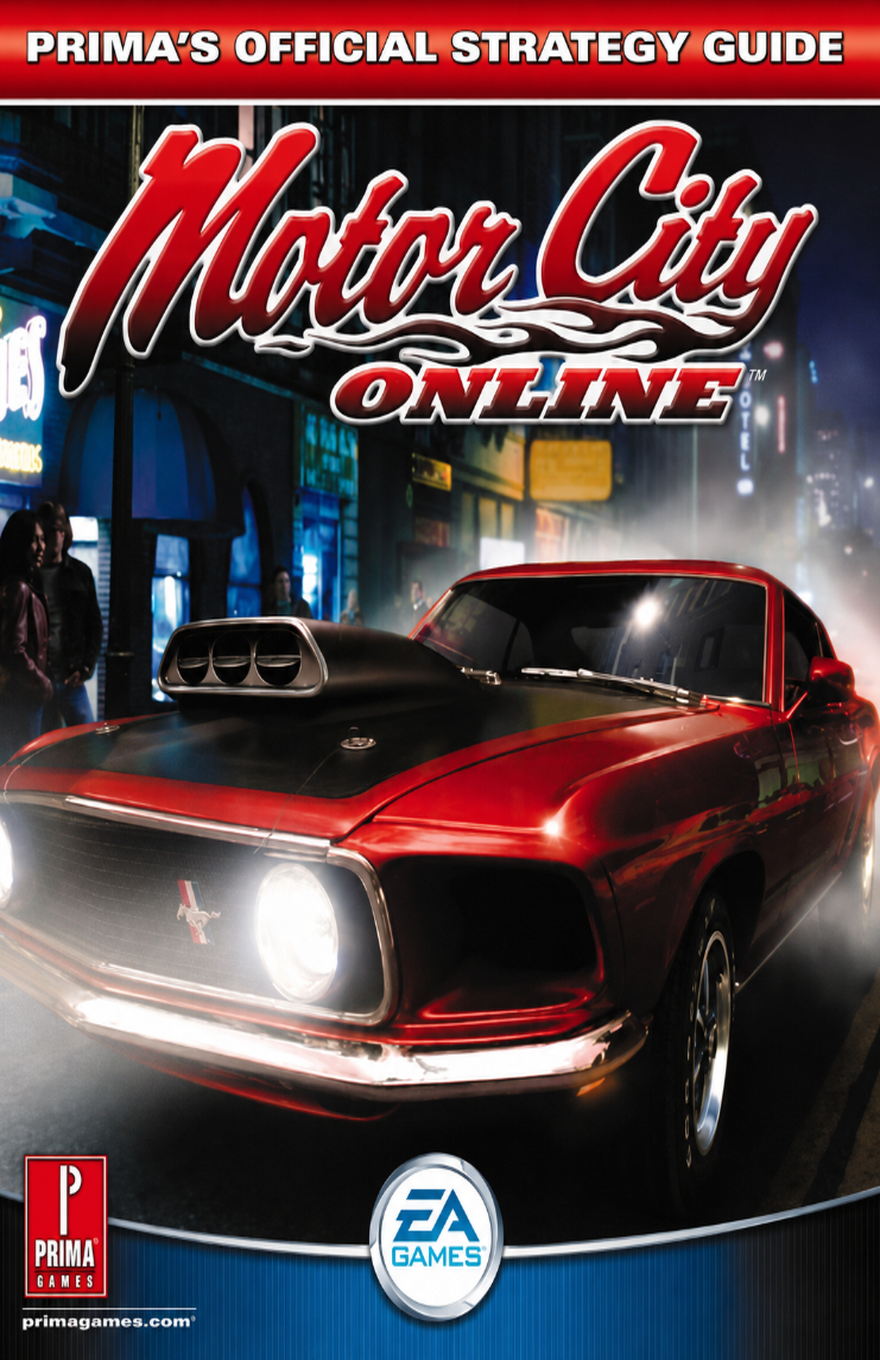 Official strategy guide cover for “Motor City Online” with a dramatic nighttime street-racing scene. A red banner across the top reads “PRIMA’S OFFICIAL STRATEGY GUIDE.” The large stylized title “Motor City” appears in glossy red script with white and black outlines, with “ONLINE” beneath it in bold italic letters. The background shows a dark city street with neon signs, storefronts, misty light, and several people standing on the sidewalk. A shiny red classic muscle car dominates the lower half of the cover, angled toward the viewer, with a black hood, raised hood scoop, chrome bumper, bright headlights, and reflections across the bodywork. At the bottom left is the red Prima Games logo and the text “primagames.com,” while a circular EA Games logo is centered near the bottom over a blue metallic-looking border.
