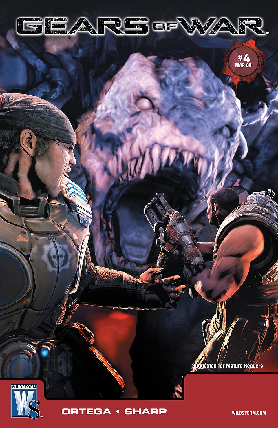Cover of Gears of War Issue #4, March 2009, showing two armored soldiers preparing to fight a massive, snarling monster with pale, scaly skin and a gaping mouth full of sharp teeth. One soldier faces the beast head-on while the other gestures toward it, both lit dramatically by harsh lighting that emphasizes the creature’s terrifying size and the imminent danger.