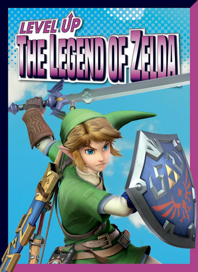 This cover features Level Up: The Legend of Zelda with Link in a dynamic battle stance. He holds the Master Sword raised overhead while bracing with the Hylian Shield in the foreground. The bold purple-gradient title sits against a blue dotted backdrop, matching the Level Up series style. The bright sky background and strong heroic pose give it an energetic, action-focused presentation.