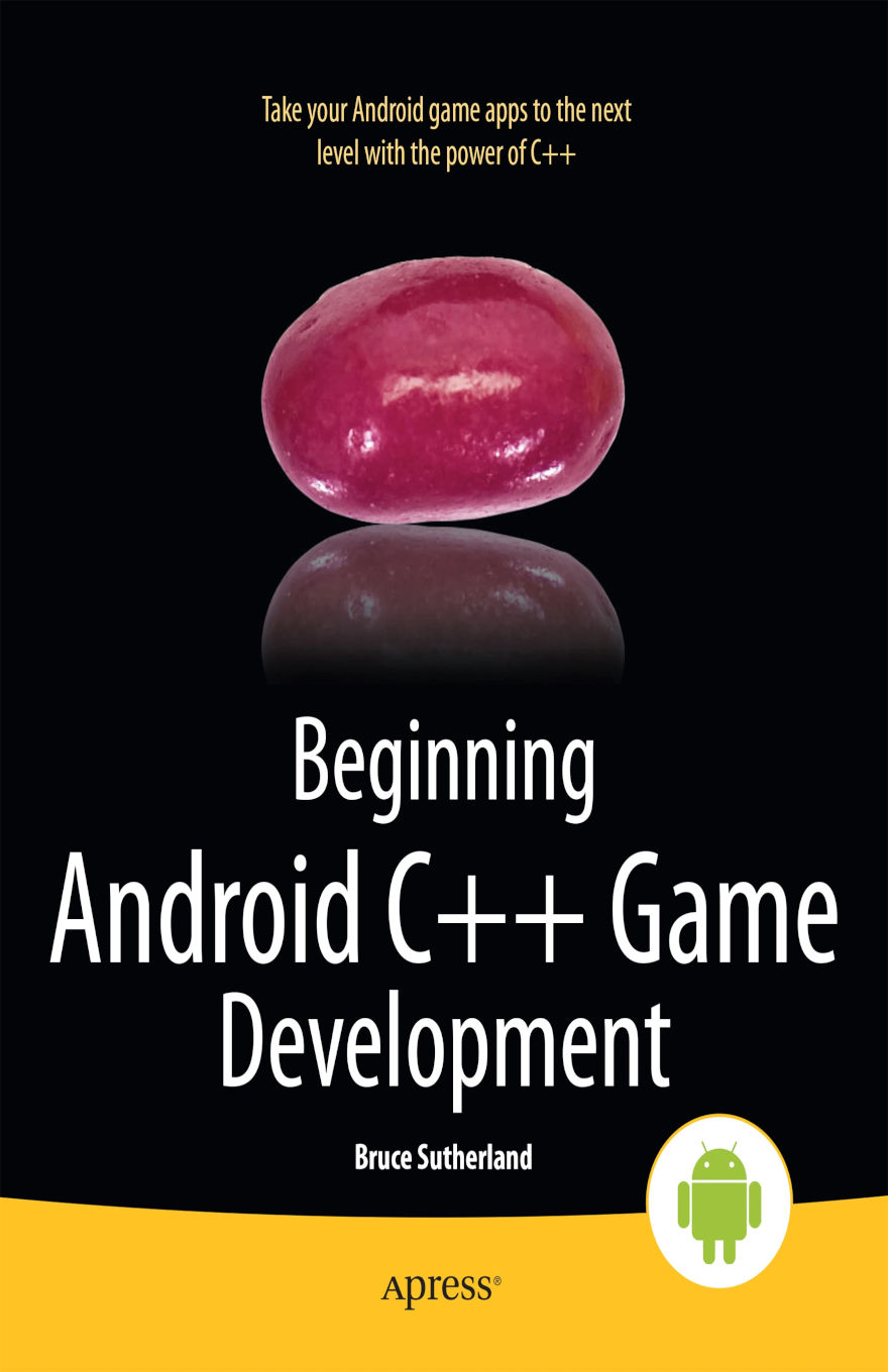 Book cover for Beginning Android C++ Game Development by Bruce Sutherland. The design features a glossy pink jellybean centered against a black background with a soft reflection below it, referencing Android Jelly Bean, and includes the Android logo to emphasize mobile game development with C++.