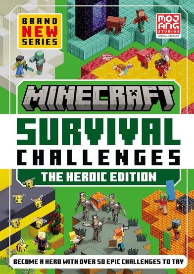 A colorful Minecraft activity book cover titled “Minecraft Survival Challenges: The Heroic Edition,” with the gray blocky Minecraft logo centered above huge green and black pixel-style lettering. A yellow badge in the upper left reads “BRAND NEW SERIES,” and a red-and-white “Mojang Studios Official Product” logo appears in the upper right. The cover is divided into Minecraft scene panels showing blocky characters and creatures in different environments: a player facing a zombie-like enemy, a Nether portal area with a pig-like creature and a character near red terrain, a bee-themed area with several yellow bees, a central battle scene with players fighting tall gray hostile mobs near a glowing orange block, and a brick platform area with armored characters holding shields and weapons. A green banner across the middle reads “THE HEROIC EDITION,” and a white banner at the bottom says “BECOME A HERO WITH OVER 50 EPIC CHALLENGES TO TRY.”