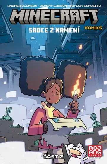 Cover of Minecraft: Srdce z kamení (Komiks), Část 2 showing a stylized character with large afro puffs holding a torch and a map inside a blocky cave, with creepers in the background and a chicken at their side. The blocky “Minecraft” logo appears at the top, and the Mojang Studios logo is at the bottom right.