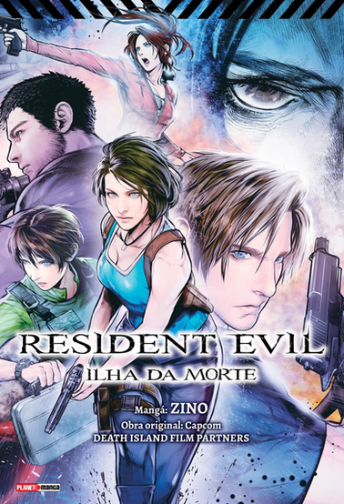 Book cover showing the same Resident Evil character collage in blue, purple, and pink tones: a woman in a blue tank top centered in front, a blond man with a handgun on the right, a man with a rifle on the left, a woman in a red jacket aiming a pistol near the top, and a short-haired character in green at the lower left holding a pistol and case, with a large eye in the upper right background. Across the middle, the title reads “RESIDENT EVIL ILHA DA MORTE.” Below the title, smaller text reads “Mangá: ZINO,” “Obra original: Capcom,” and “DEATH ISLAND FILM PARTNERS.” At the lower left is the “PLANET manga” logo.
