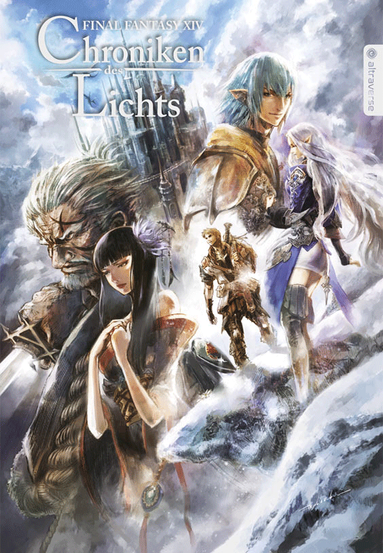 Cover art for Final Fantasy XIV: Chronicles of Light, featuring a dynamic fantasy illustration of key characters from the game. A castle towers in the background amid swirling clouds, while characters including an armored Elezen, a white-haired elven woman, a stern older warrior, and a contemplative dark-haired woman in a kimono are depicted with emotional expressions and detailed costume design.