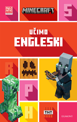 The cover features a bold red-orange Minecraft-themed design with a structured grid of colorful square panels. At the top are the Mojang Studios logo, the iconic “MINECRAFT” title in its blocky pixel font, and a small pixel-art cow face icon. Centered prominently is large white text with a long shadow reading “ENGLISH OFFICIAL WORKBOOK AGES 5–6.” The grid below includes letters and symbols, reinforcing the literacy theme, alongside Minecraft-themed visuals such as a carved pumpkin face and a TNT block. In the foreground, a green creeper stands on the left, while on the right a pillager character holds a crossbow, both rendered in Minecraft’s signature blocky style. The overall design is bright and engaging, combining educational elements with recognizable game imagery to appeal to young learners.