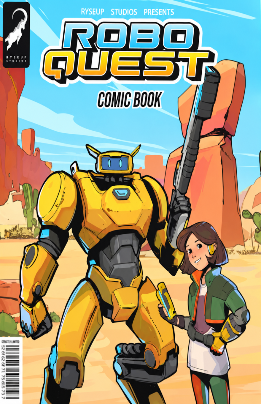 Colorful comic book cover for “RoboQuest Comic Book,” presented by RyseUp Studios, with a bright desert sci-fi setting. The large “ROBO QUEST” logo appears at the top in blue, white, black, and yellow lettering, with “COMIC BOOK” beneath it. A black RyseUp Studios logo strip sits along the upper left edge. In the foreground, a large friendly yellow robot with glowing blue eyes stands confidently while holding a large futuristic weapon upright. Beside the robot is a smiling young girl with short brown hair, a green jacket, fingerless gloves, and yellow headphones, holding a small yellow device. The background shows a sunny desert with orange rock formations, cacti, and a pale blue sky streaked with stylized clouds. A barcode appears at the lower left, reinforcing the comic-cover format.