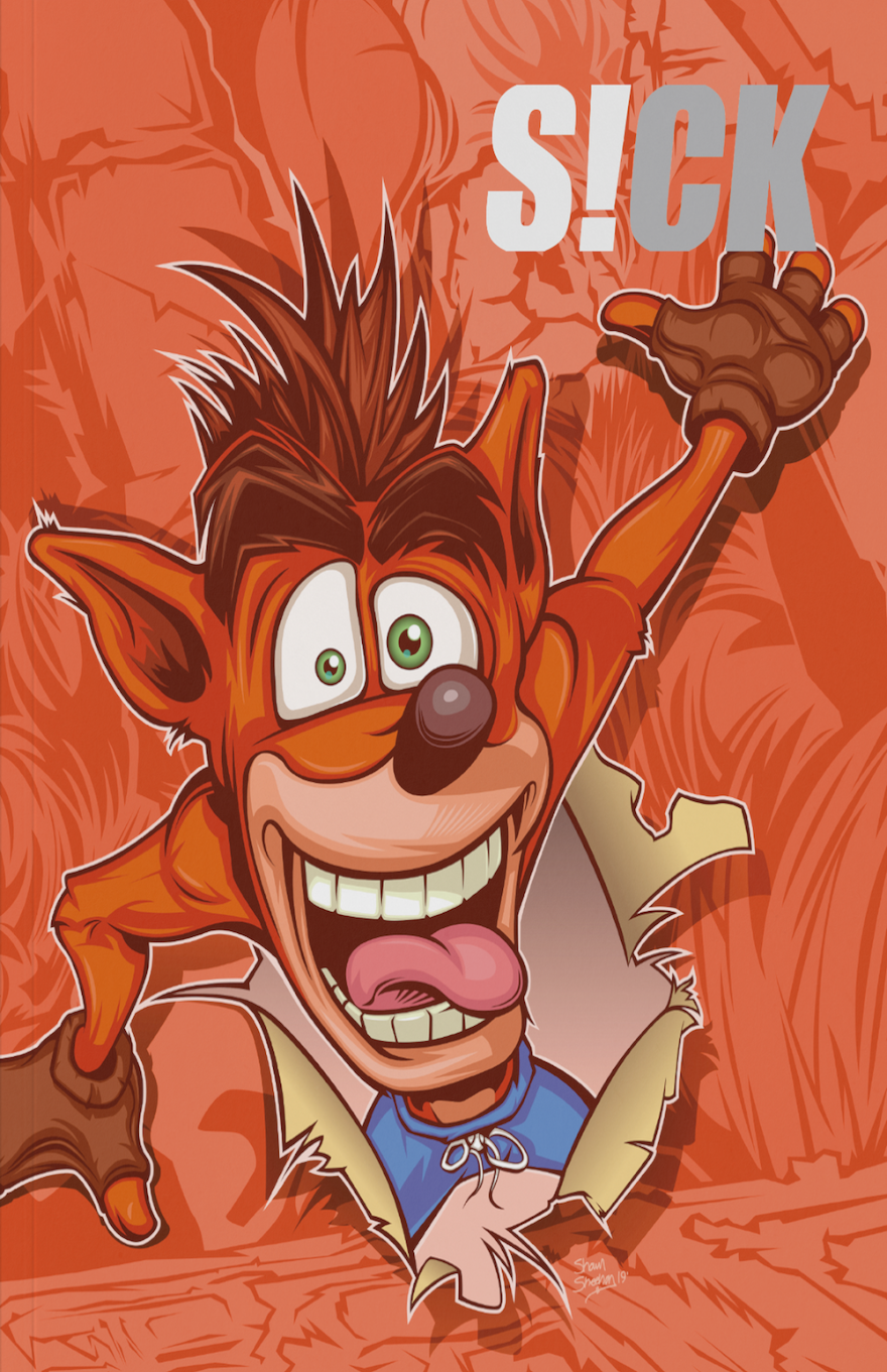 Cartoon style image of Crash Bandicoot bursting energetically through a cracked wall with a wide grin and tongue out against an orange background, with the word SICK in bold letters at the top.