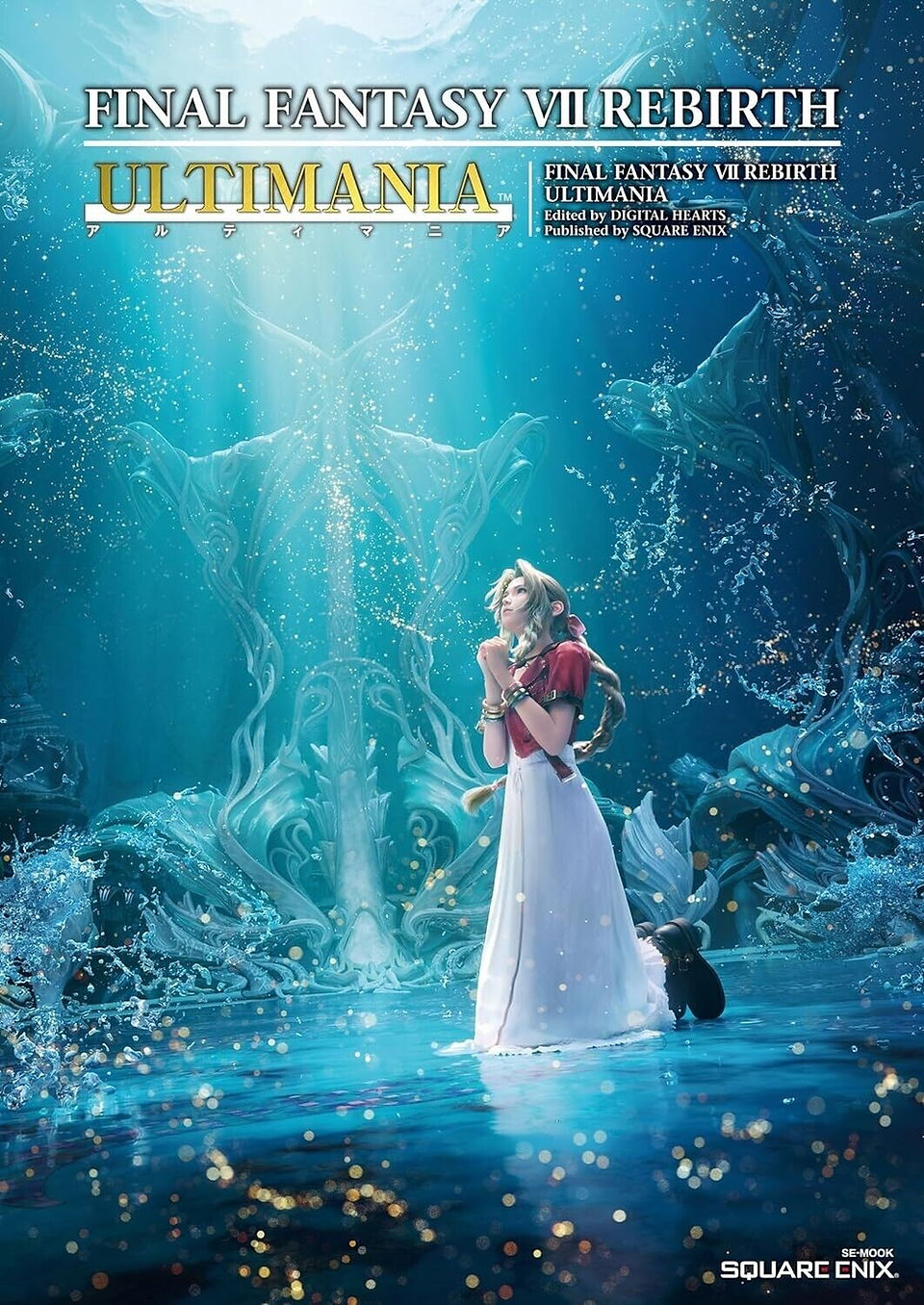 The image displays the cover of a book titled "FINAL FANTASY VII REBIRTH ULTIMANIA." This is a companion book related to the video game "Final Fantasy VII Rebirth," which is part of the Final Fantasy series developed by Square Enix.  The cover art features Aerith Gainsborough, a young woman with long brunette hair, kneeling at the Water Alter in the Forgotten City, water reaching up to her ankles. She is dressed in a red jacket top and a long pink dress, and her hands are clasped together in front of her in a prayerful gesture. Behind her, a magnificent and intricate formations creates a backdrop that resembles a grand, ethereal figure or entity. The overall atmosphere is one of wonder and serenity, with the light reflecting off the water and tiny particles scattered throughout the scene, suggesting a moment of tranquility or revelation.  Above the character, the title "FINAL FANTASY VII REBIRTH ULTIMANIA" is displayed prominently in gold letters with a trademark symbol, indicating the official nature of the publication. Below the image, additional text states "FINAL FANTASY VII REBIRTH ULTIMANIA" followed by "Edited by DIGITAL HEARTS Published by SQUARE ENIX."  The term "Ultimania" is commonly used for a series of companion books to Final Fantasy games that contain detailed information about the game, including character profiles, design notes, plot explanations, and strategy guides. They are intended for fans who want to delve deeper into the game's world and its mechanics.  The bottom of the image includes the label "SE-MOOK," which indicates the type of publication, and the Square Enix logo, reinforcing the cover's connection to the well-known video game publisher and developer.