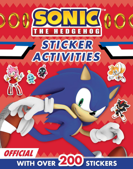 Bright red book cover for Sonic the Hedgehog: Sticker Activities featuring Sonic running across the center with a confident expression, surrounded by small sticker-style images of characters like Amy, Tails, Shadow, and Chao, with gold rings along the top, bold blue and white title text, and a banner at the bottom stating it is an official book with over 200 stickers.