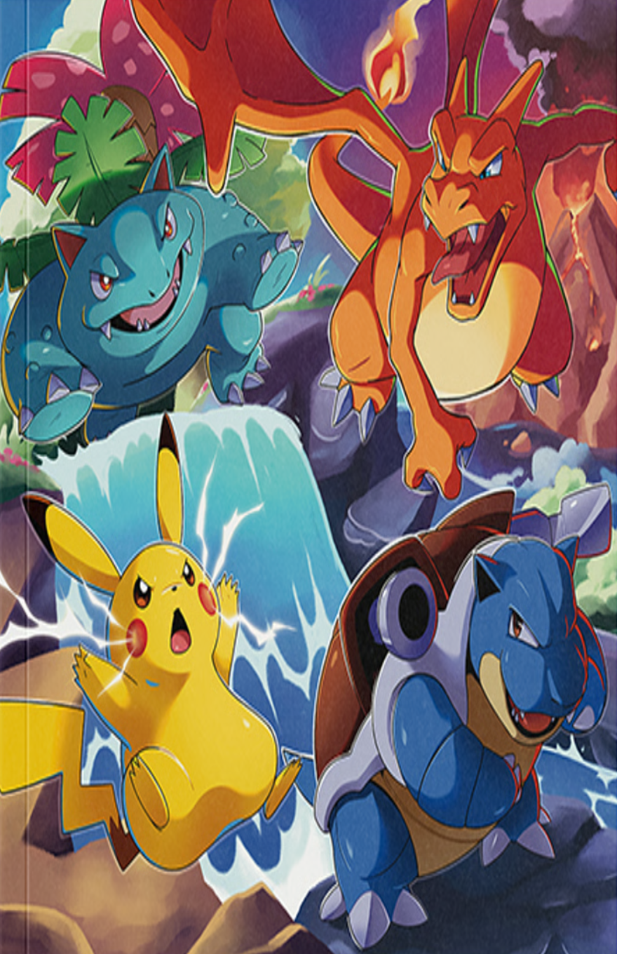 A colorful illustrated Pokémon cover image showing four iconic Pokémon in action across a dynamic natural landscape. Pikachu is in the lower left, bright yellow with red cheeks and an open-mouthed determined expression, surrounded by white electric sparks. Venusaur appears in the upper left, teal-blue with a large pink flower and green leaves on its back, charging forward above rushing water. Charizard dominates the upper right, orange with wide wings, sharp claws, blue eyes, and an open roaring mouth, with its flaming tail visible near a volcanic rocky background. Blastoise is in the lower right, blue and sturdy with a brown shell and large shoulder cannons, moving forward with a confident expression. The background blends waterfalls, rocks, greenery, clouds, and a fiery mountain area, creating an energetic adventure scene with saturated colors and bold cartoon-style outlines.