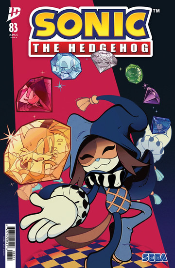 Cover of Sonic the Hedgehog #83 with a mysterious character in a jester-like sorcerer outfit summoning large colorful gems, each reflecting trapped characters including Sonic, Tails, and Dr. Eggman.
