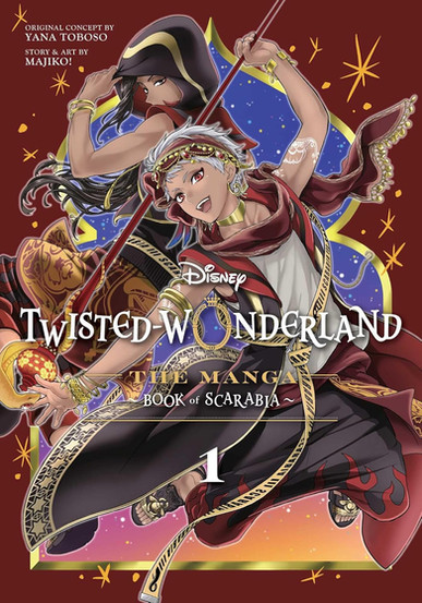 Manga cover featuring the same two anime characters in dynamic poses wearing red and black Scarabia inspired clothing with gold jewelry and ribbons, set against a deep red background with gold stars and a blue ornamental shape. The white haired character is in front with an outstretched hand while the hooded dark haired character stands behind holding a staff. Text on the cover reads "ORIGINAL CONCEPT BY YANA TOBOSO", "STORY and ART BY MAJIKO!", "Disney", "TWISTED WONDERLAND", "THE MANGA", "BOOK of SCARABIA", and "1".