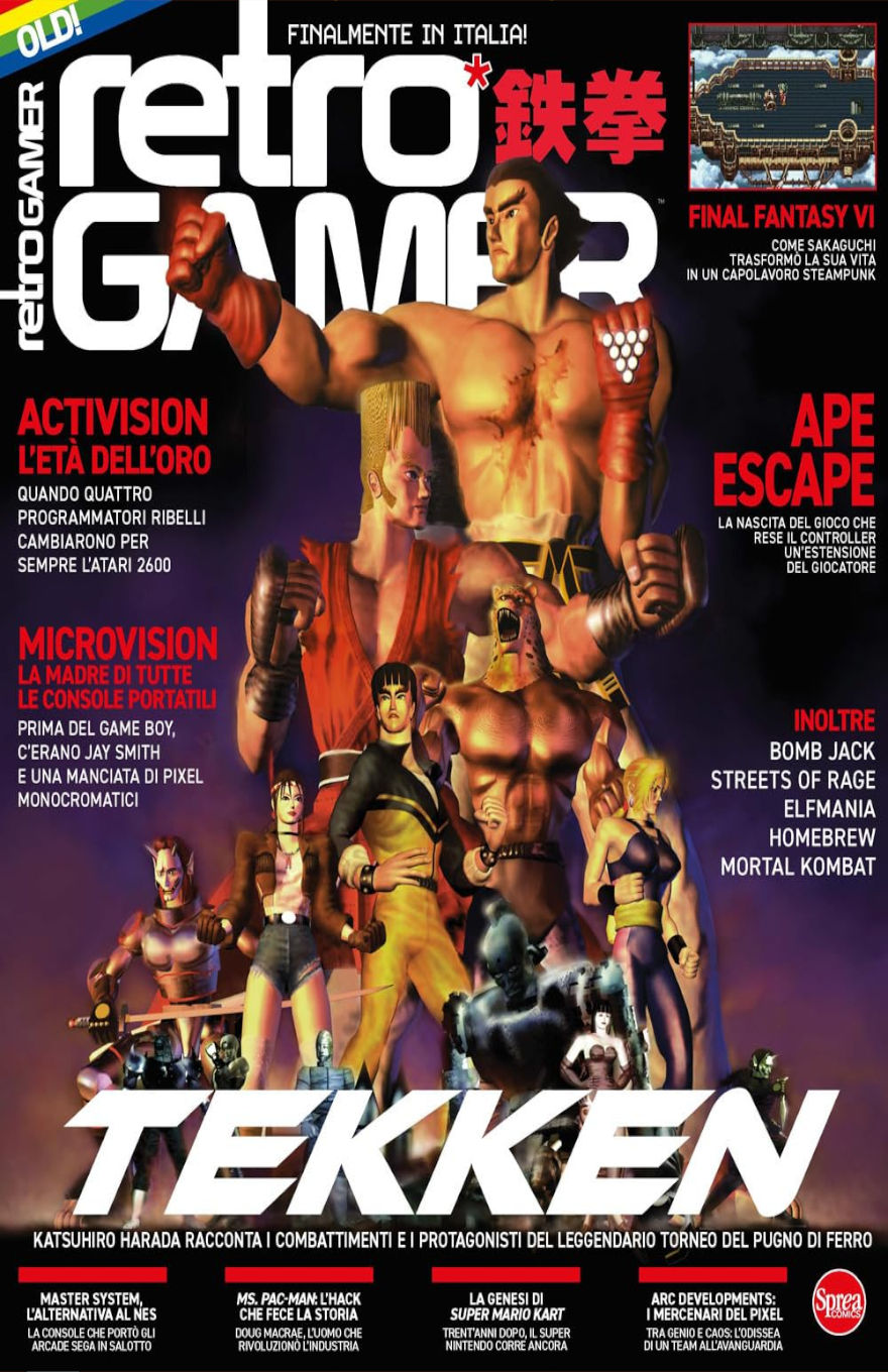Italian cover of Retro Gamer magazine, Volume 3, featuring characters from the original Tekken game in a dynamic group pose with bold lighting. The issue highlights classic titles like Final Fantasy VI, Ape Escape, and Streets of Rage, with side features on gaming history topics such as the golden age of Activision and the early handheld console Microvision.