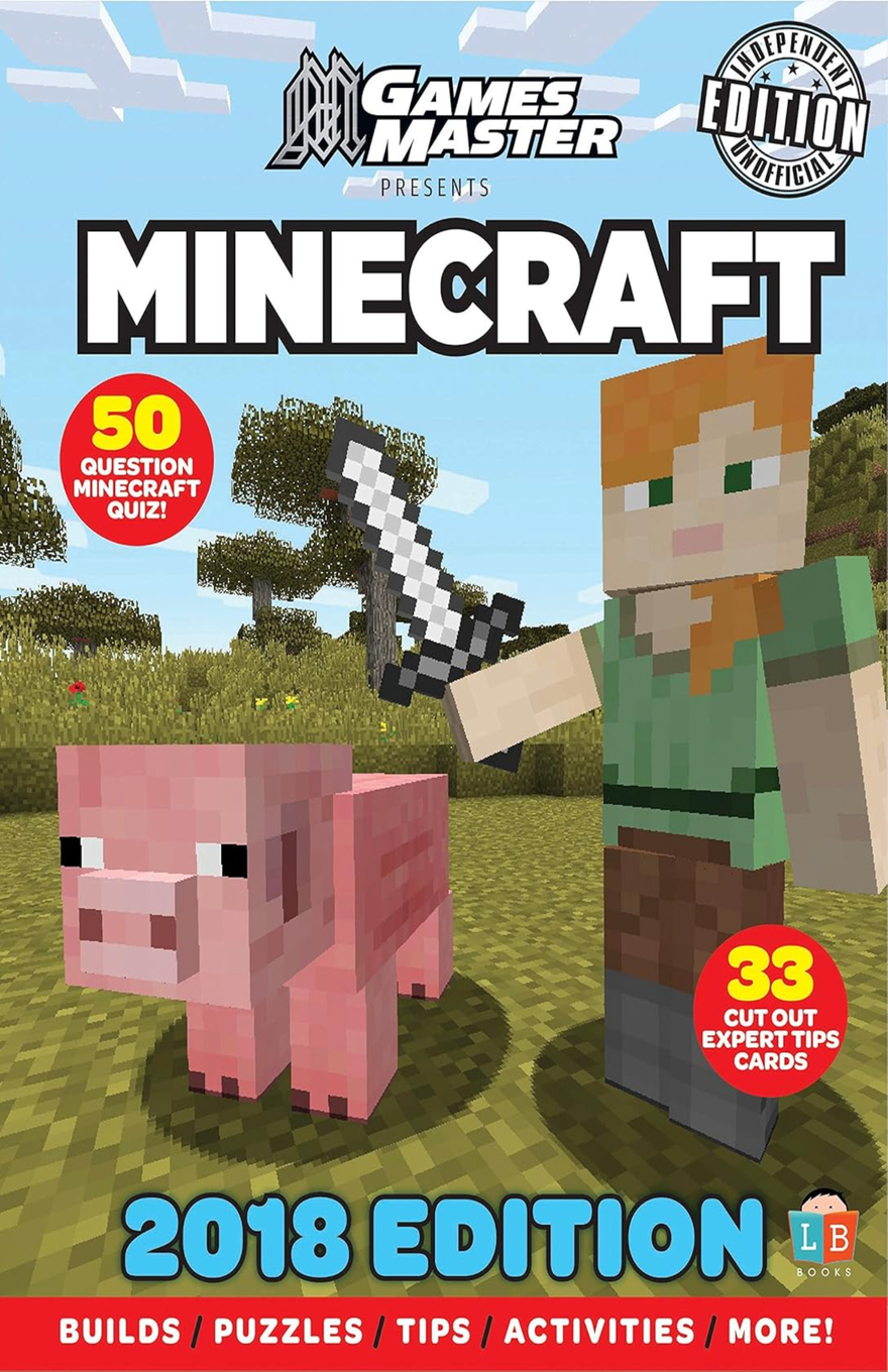 The book cover features a bright blue sky with blocky white clouds and the heading “GamesMaster Presents” above the large pixel-style white title “MINECRAFT.” A circular badge in the top right reads “Independent Edition Unofficial.” On the left, a red circle says “50 Question Minecraft Quiz!” and on the right another red badge states “33 Cut Out Expert Tips Cards.” The main image shows the Minecraft character Alex with orange hair, wearing a green shirt and brown pants, holding a silver sword angled upward. Beside her stands a pink blocky pig on grassy terrain with savanna-style trees in the background. At the bottom, large blue text reads “2018 EDITION,” and a red banner underneath lists “Builds / Puzzles / Tips / Activities / More!” The LB Books logo appears in the lower right corner