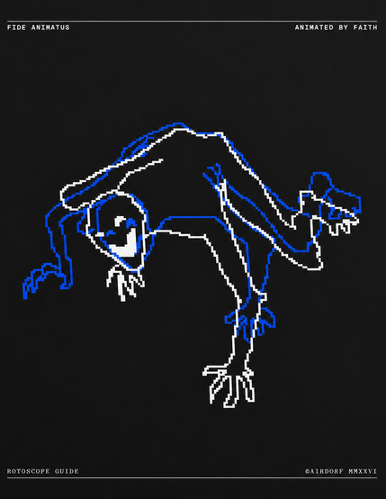 A black book cover with a pixelated white and blue line drawing of a contorted, human-like creature. Small text reads “FIDE ANIMATUS,” “ANIMATED BY FAITH,” and “ROTOSCOPE GUIDE.”
