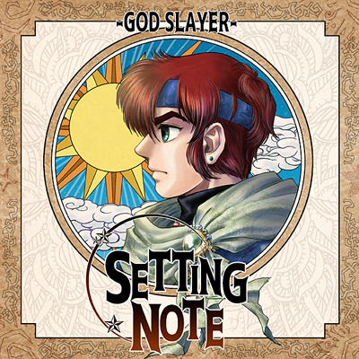 Cover of God Slayer Setting Note featuring a profile illustration of a red-haired character with a blue headband and earring, facing left against a vibrant background with a radiant yellow sun, stylized clouds, and blue sky. The ornate frame and fantasy-inspired font suggest a detailed setting or lore book for a game or manga.