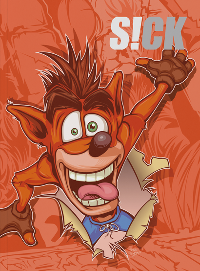 Cartoon style image of Crash Bandicoot bursting energetically through a cracked wall with a wide grin and tongue out against an orange background, with the word SICK in bold letters at the top.