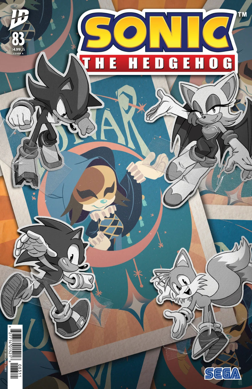 Cover of Sonic the Hedgehog #83 showing a collage of taped-up posters featuring the same hooded character in the center, with black-and-white cutouts of Sonic, Tails, Shadow, and Rouge arranged around it.